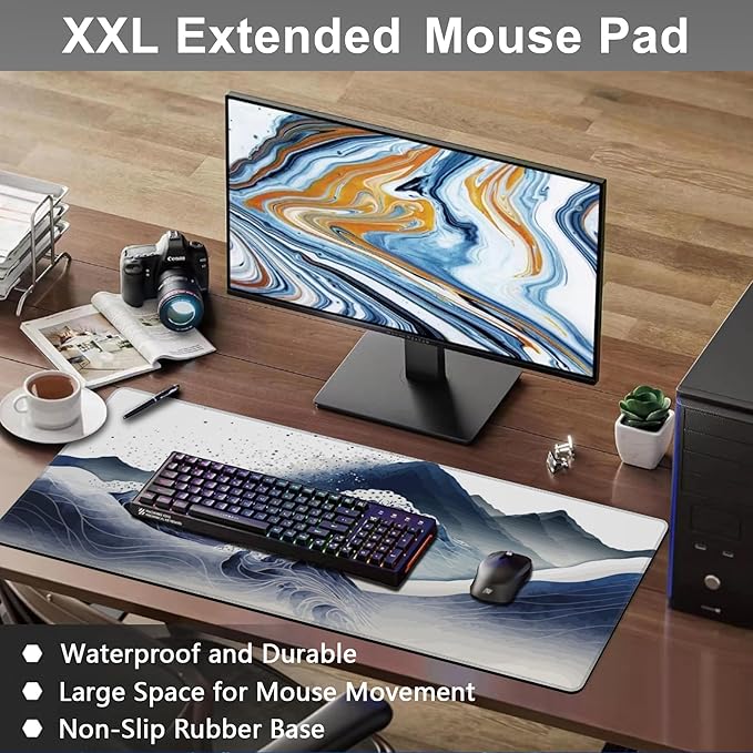 Mouse Pad, Large Watercolor Majestic Mountains Desk Mat, Extended Non-Slip Gaming Keyboard Mousepad Desk Pad, Thick Stitched Edges Waterproof Mouse Mat 31.5"x15.7" (Luxurious Mountainous Terrain)