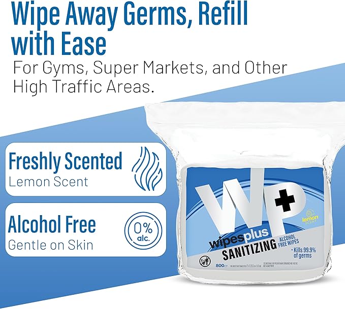 WIPESPLUS Hand Sanitizing Wipes Refill Bag Alcohol-Free Wipe for Restaurant and Retail, 3200 Count, (4 Packs of 800 Sheets)