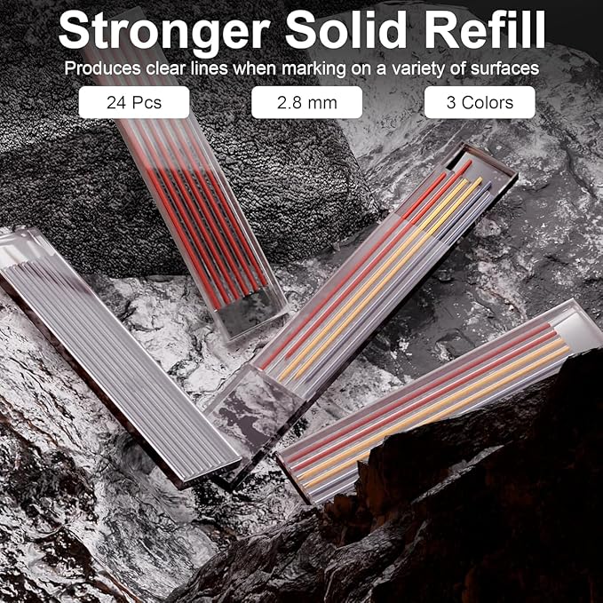 HAUTOCO Mechanical Carpenter Pencils Set with Sharpener & 26 Refills for Construction, Solid Deep Hole Marker Heavy Duty Woodworking Tools Mechanical Pencils for Architect with Case (Black, Red)