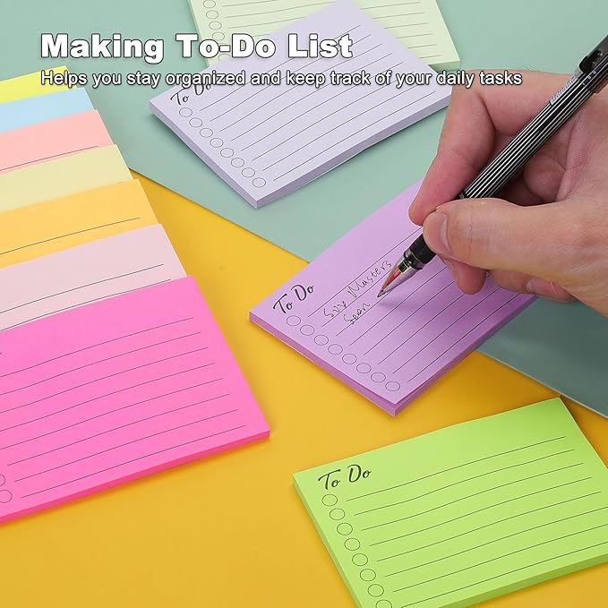 12 Pads to Do List Sticky Notes, 504 Sheets, 3x4 Inch with Line Adhesive Memo, 12 Bright Multi Colors Self-Stick Note Pads, to Do List Notepad, Easy to Use for Home, Office, Notebook