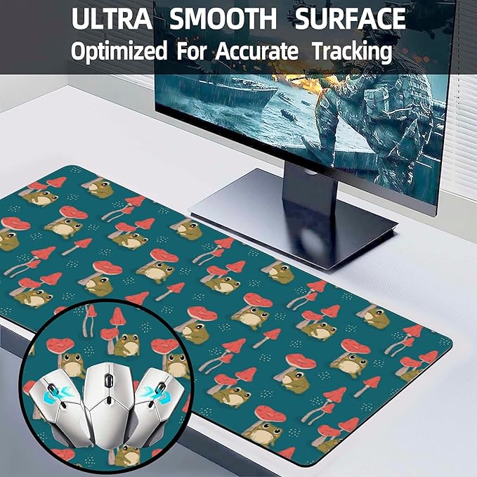 Desk Pad, Cute Green Frogs and Mushrooms Extended Large Gaming Mouse Pad XXL, Large Desk Mat for Desktop with Non-Slip Rubber Base Stitched Edges for Home Office 35.4"X15.7"