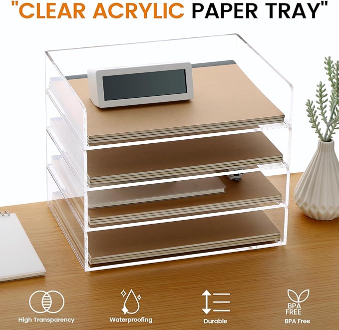Acrylic Paper Tray, 4 Tier Paper Organizer for Desk, Clear Acrylic Desk Organizers, Stackable Letter Tray Workspace oaganzier -Art Storage for School Classroom -4 Pack…