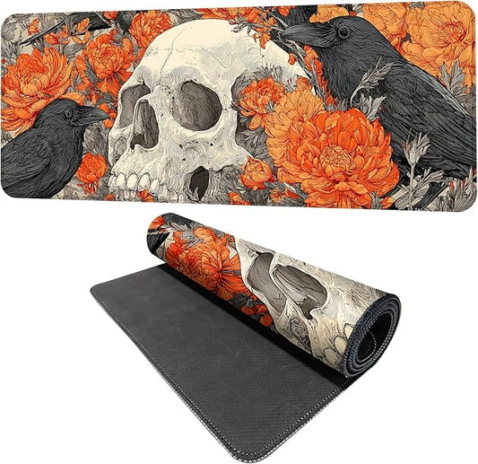 Mouse Pad Desk Mat for Desktop, Large 31.5" x 11.8" Extended Gaming Mousepad with Skull and Raven Design, Waterproof Non-Slip Rubber Base, Computer Laptop Desk Accessories for Women Men Home Office