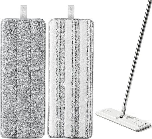 JOYMOOP Mop Replacement Pads, Reusable Microfiber Mop Pads for 13-inch Flat Mop and Mop Bucket Set, Pack of 2 Refills - Grey and Stripe
