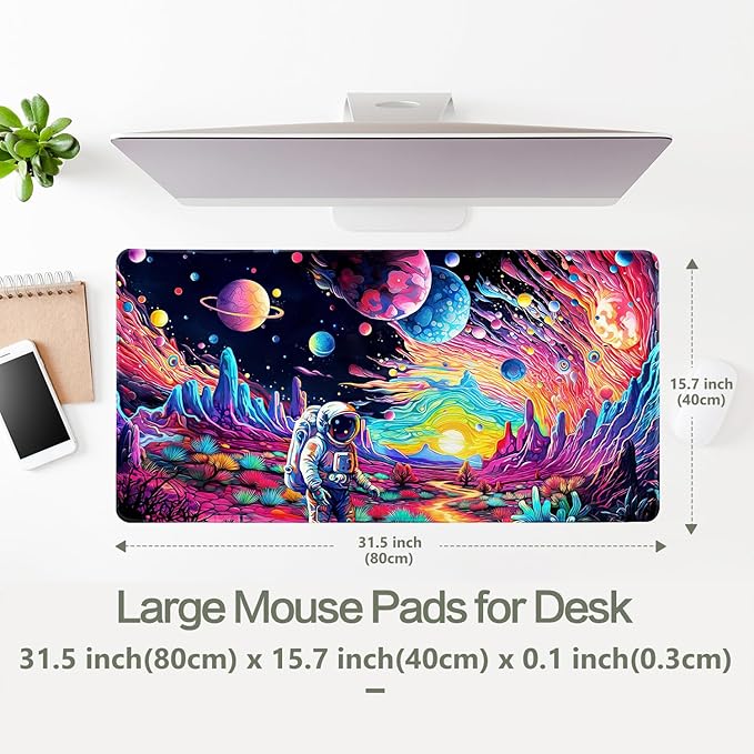 Cyberpunk Astronaut Mouse Pad Desk Mat Fantasy Planet Space Large Gaming Mouse Pad Anime Desk Pad Mousepad XXL Extended Keyboard Mat Futuristic Cosmic Adventure Mouse Mat, Waterproof, 31.5 x 15.7 in