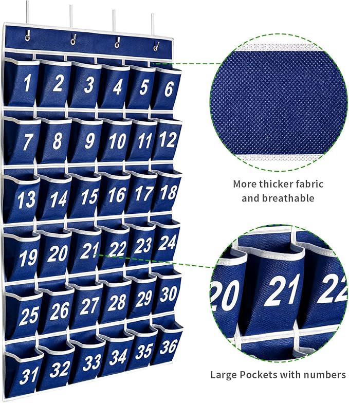 36 Pockets Blue Numbered Classroom Pocket Chart for Cell Phones, Hanging Pocket Chart Storage for Classroom Phone Calculator Holder with 4 Stainless Steel Hooks (Blue-36pockets)