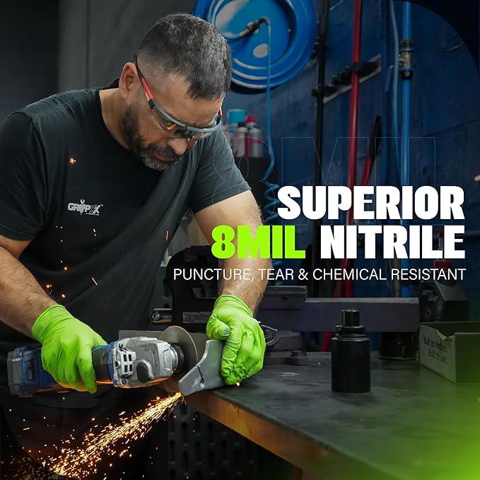 Herkules Grip Heavy Duty 8Mil Green Nitrile Gloves,3D Raised Diamond Texture-Latex & Powder Free-Industrial, Mechanic | Pack of (200 CT)