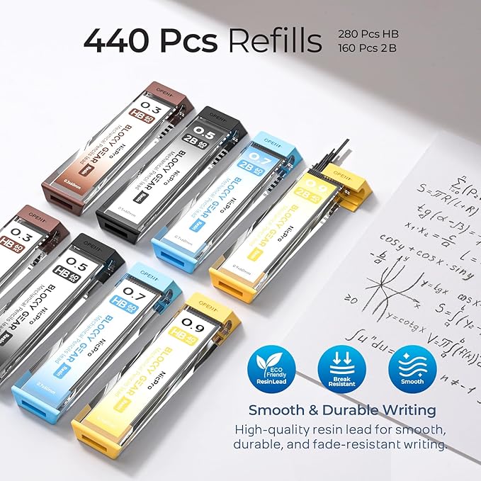 Nicpro 4 Pack Blocky Gear 0.3, 0.5, 0.7, 0.9 mm Metal Mechanical Pencils Set with Case, Lead Drafting Pencil with 8 Tube Lead Refills(HB 2B), Erasers, Eraser Refills for Art Writing Sketching Drawing