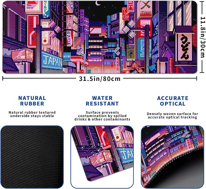 Dark Purple Japanese Gaming Mouse Pad Abstract Anime Mat 31.5x11.8 Inch Tokyo Pixel Street Texture Non-Slip Rubber Base Kawaii Mousepad Stitched Edges Keyboard Desk Pad for Office and Home Game
