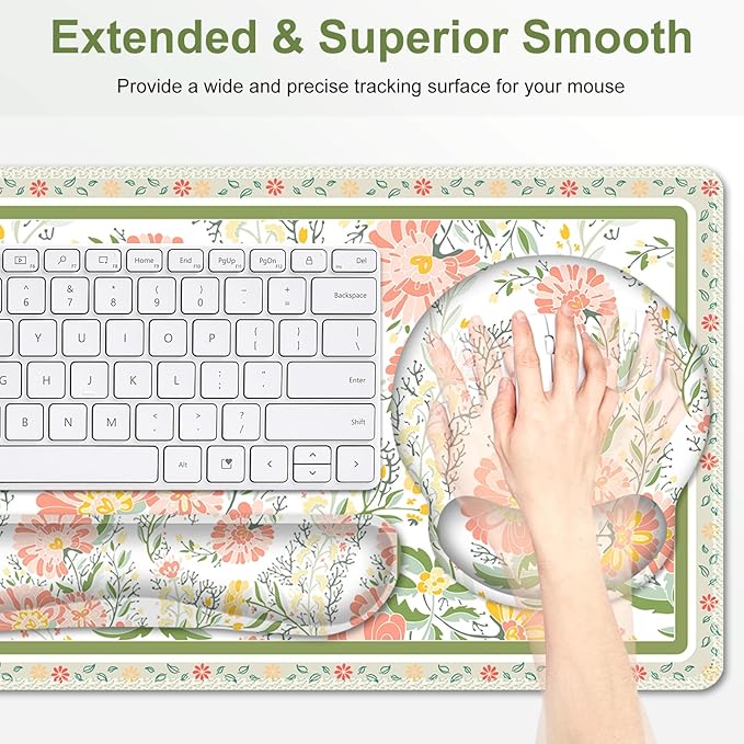 Desk Mat, 4in1 Large Mouse Pad with Wrist Rest, Cute Desk Matt for Desktop, Deskpad Mat, Anti-Slip XXL Computer Ergonomic Mousepad with Wrist Support for Keyboard and Mouse I Elegant Daisy Florals