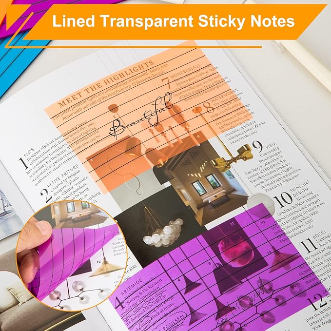 3"x5" Lined Transparent Sticky Notes, 4 Pads 4 Colors Large Clear See Through Translucent Self-Adhesive Post Memo Reminder Tabs with Lines for Office Women College School Students Classroom Supplies