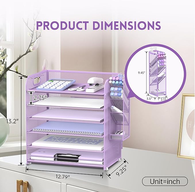 SUPEASY 6 Tier Paper Organizer with 4 Pen Holders, Mesh Letter Tray with Handle, A4 File Organizer, Purple