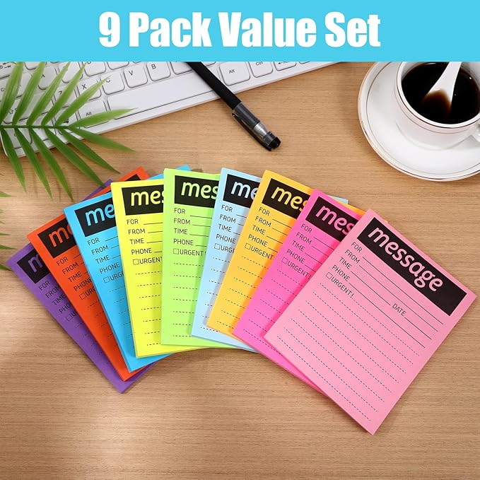 9 Set Phone Message Pads for Office, Colorful 4 x 5 Inch Phone Message Sticky Notes Urgent Self-Stick Memo Notepads for Desk Call Records, Neon Note Sheets for Workplace Communication School Supplies