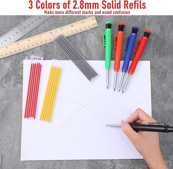 5 Pcs Carpenter Pencil, Woodworking Pencil, Construction Pencils Heavy Duty with 60 Pcs 2.8mm Refills & Built-in Sharpener, Long Nosed Deep Hole Mechanical Marker for Drafting Architect Woodwork