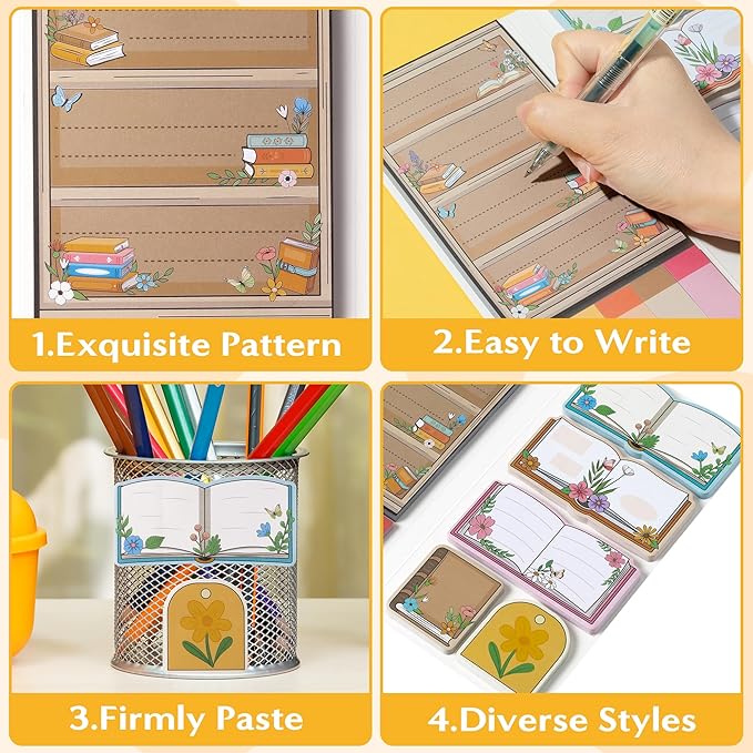 B1ykin Sticky Notes Set, Cartoon Theme Cute Self-Stick Notes Pad Teacher Appreciation Gifts， Self-Adhesive Writing Memo Pages Sticky to Do Notepad Reading Gift for School Graduation(Wildflower)