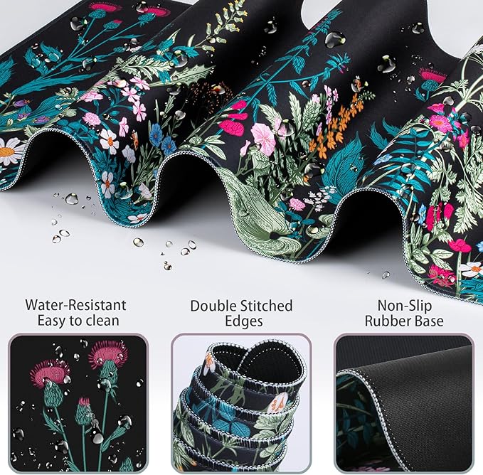 Desk Mat, Large Gaming Mouse Pad with Wrist Rest, 4in1 XXL Mousepad+Keyboard Wrist Rest+Mouse Pad Wrist Support+Cup Coaster Set Ergonomic Floral Computer Desk Arm Wrist for Decor Home Office Women