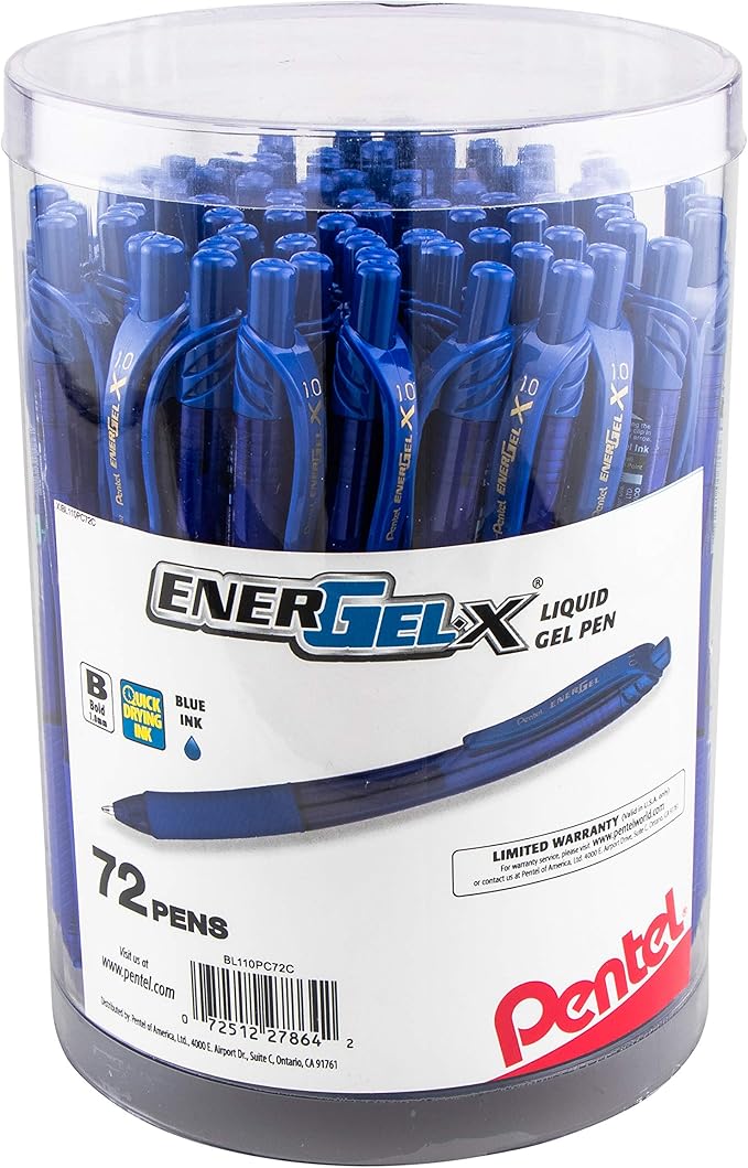 Pentel EnerGel-X Retractable Gel Pen, (1.0mm) Bold Line, Blue Ink, 72-PK Canister (BL110PC72C)