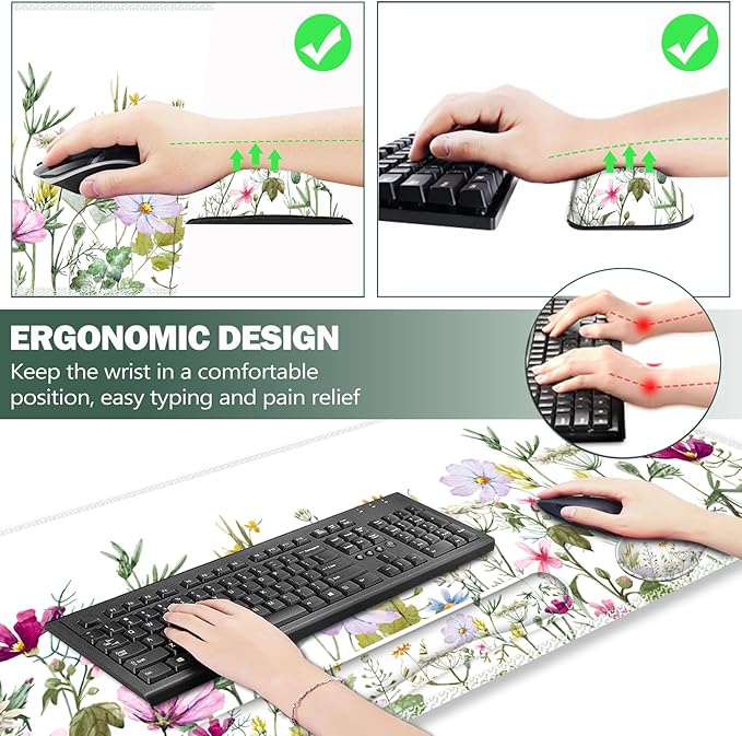 ARTSO Gaming Mouse Pad Wrist Support Set, XXL Large Desk Mat Mousepad + Keyboard Wrist Support+ Mouse Wrist Rest+Coaster 4in1 Ergonomic, Memory Foam for Home Office -White Flowers Plants