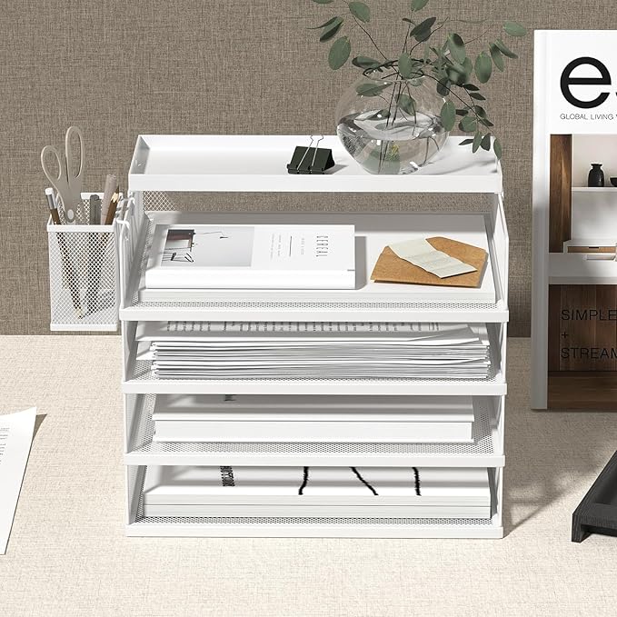 Metal Stackable Letter Trays, 4-Tier Desk Organizer & Paper Trays for Office, Stackable File & Document Tray with Magnetic Labels,White