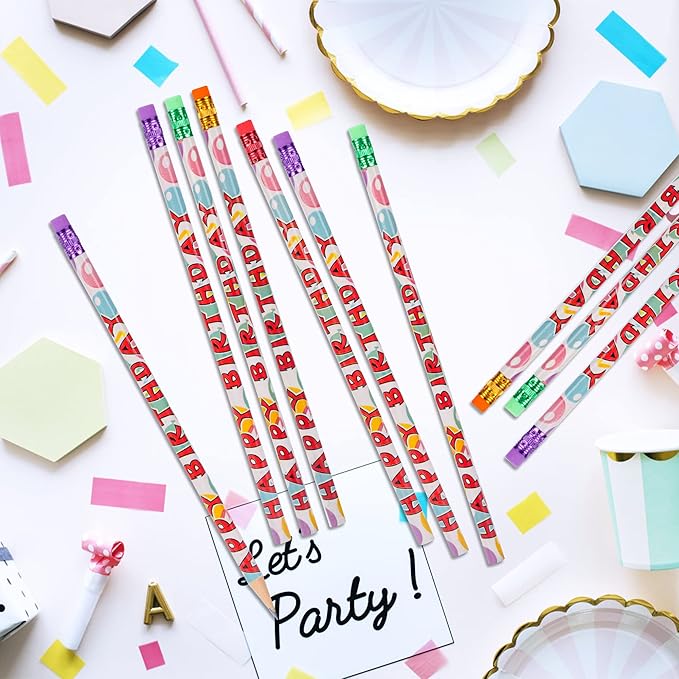 Kolewo4ever 200Pcs Happy Birthday Pencils - Bright Wooden Pencils with Top Erasers for Kids & Adults - Party Favors & School Supplies