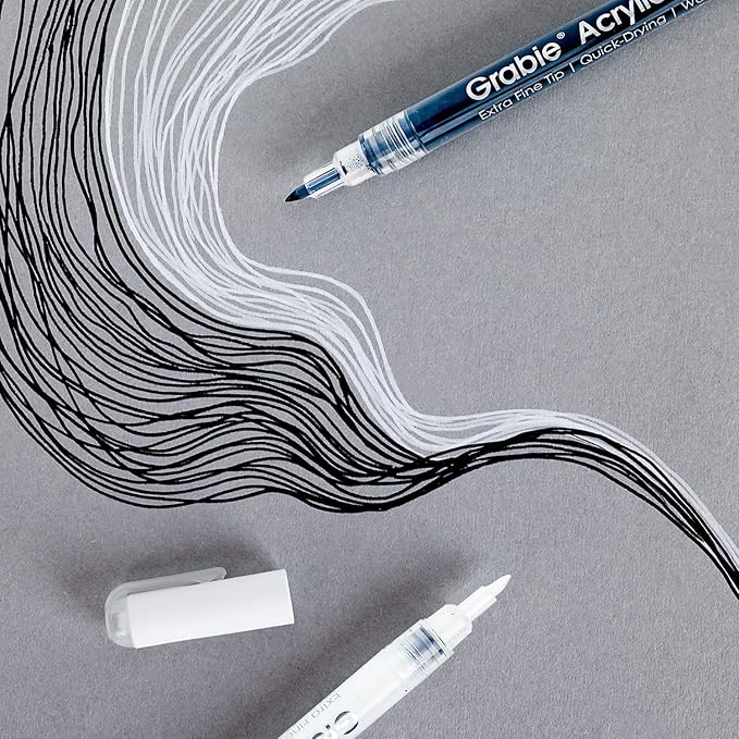 Grabie Black & White Extra Fine Tip Acrylic Paint Marker Set, 6 Pack, 0.7mm Acrylic Paint Pens for Highlights and Fine Details on Drawings, Rock Painting Glass Canvas Wood, White Highlight Markers
