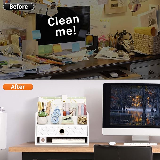 white Wood Desk Organizer and Accessories with Drawer, Bill Mail Organizer and File Mail Holder for Office Supplies, Desk Accessories & Workspace Organizers for Desk Organization