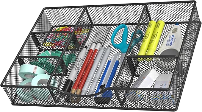 Desk Drawer Organizer Tray, Metal Mesh Drawer Organizers Office, 6 Adjustable Compartment, Desk Organizer Tray for Home Office 12 x 8.26 x 1.96 inch, Black, 1 Pack
