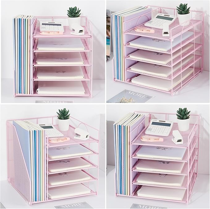 Desk Organizers and Accessories, 5-Tier Paper Letter Tray Organizer with File Holder, Pink Office Decor (Pink)