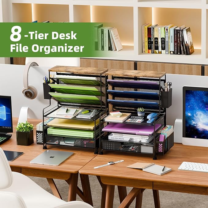 8 Tier Desk File Organizer, Metal Mesh Letter Tray Paper Organizer, Large Capacity Desktop Organizers, Desk Accessories File Holder Storage Organization for Office, Home or School, Black