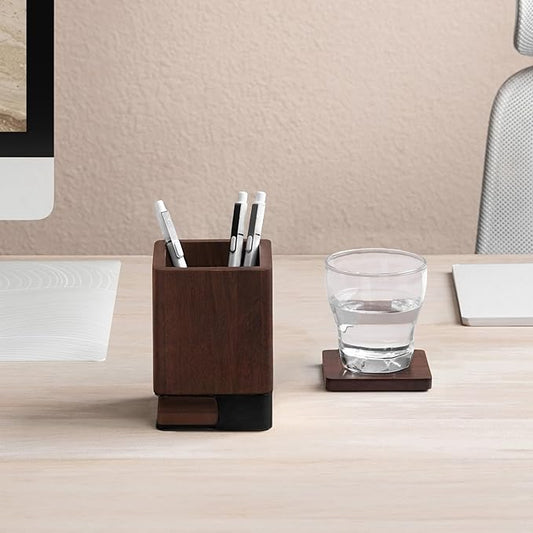 Anji Mountain Mango Wood Pen Holder with 2 Coasters, Stained Wood & Powder Coated Metal Pen Holder, Sustainable Room Decor Desk Organizer, Stylish Designer Pencil Case for Office Supplies