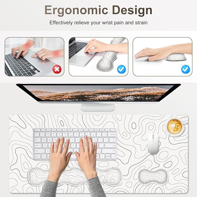 Gaming Mouse Pad Keyboard Wrist Support, 4 in1 Mousepad with Wrist Keyboard Rest, Computer Desk Mat, Non-Slip Desk Pad Protector with Memory Foam Easy Typing Pain Relief I White Topographic