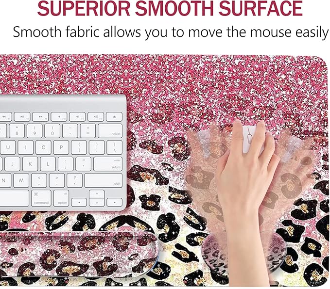 ARTSO Extended Gaming Mouse Pad Set, Keyboard Wrist Rest Support Pad + Wrist Cushion + XXL Large Mouse Pad + Coaster, Stitched Edge, Non-Slip, Memory Foam Desk Mat, Pink Leopard Print