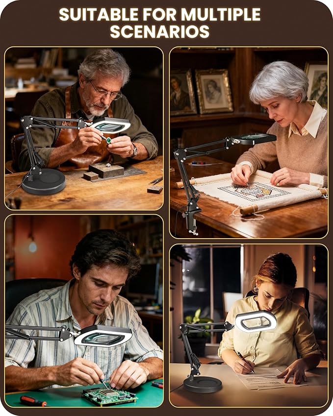 10X Round Magnifying Glass with Light and Stand, 2-in-1 LED Lighted Desk Lamp & Clamp, 5 Color Modes Stepless Dimmable, Hands-Free Magnifier Desk Lamp for Reading Craft Close Work B02DL05