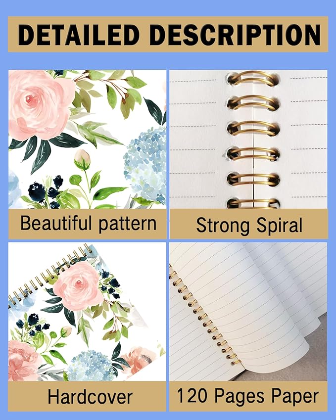 Spiral Notebook A5, Hardcover Journal for Women, 120 Pages Thick College Ruled Paper, Perfect for Office, School, or Home Use(Pink Rose Flowers)