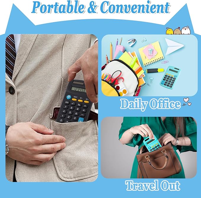 18 Pack Mini Pocket Calculators, Solar & Battery Power, 8 Digit Display, Bulk for Students, Kids, School, Home, Office (9 Colors)