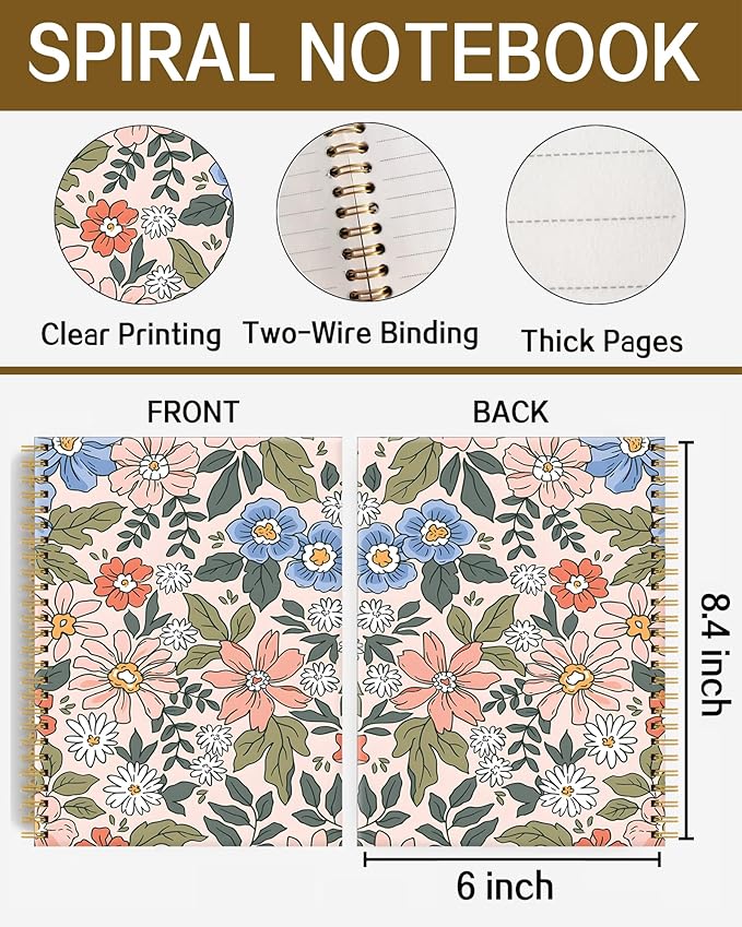 Spiral Notebook A5, Hardcover Journal for Women, 120 Pages Thick College Ruled Paper, Perfect for Office, School, or Home Use(Elegant Floral)