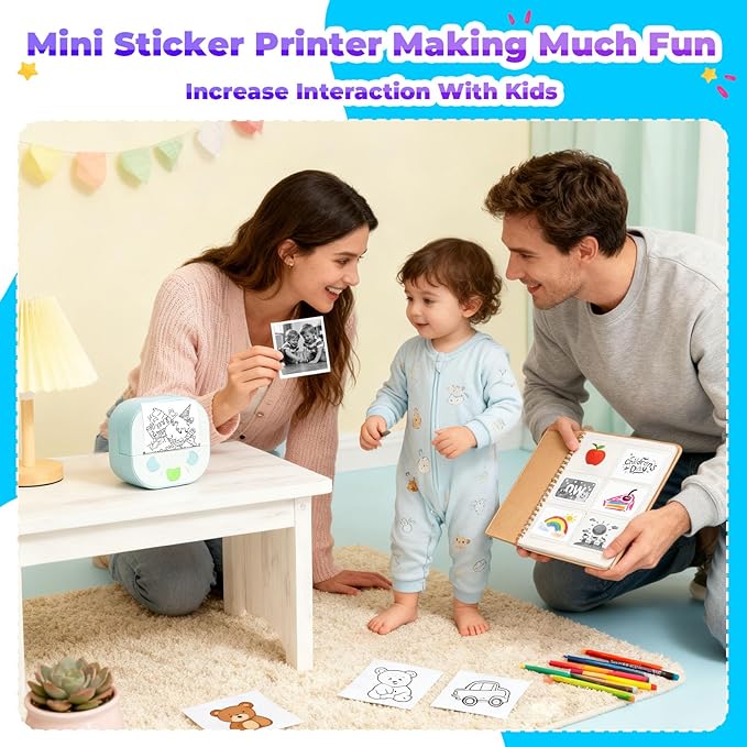 Mini Sticker Printer PrintPods, Portable Bluetooth Sticker Maker Machine with 3 Rolls Paper, D21 Thermal Inkless Photo Printer, Impresora Portátil for Phone DIY Photos Study Notes Journal Kids Gift