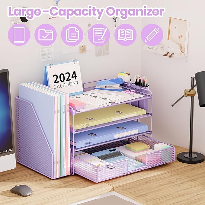 Desk Organizer and Accessories, 4-Tier Desktop File Organizer with Drawer and 2 Pen Holders, Office Desk Accessories for Office Supplies(Purple)