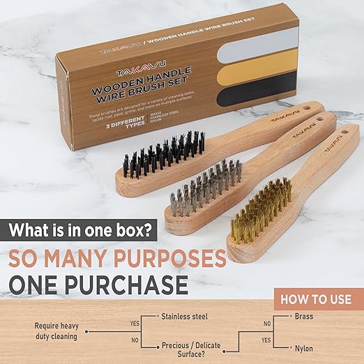 TAKAVU 3pc Small Wire Brush Set (Wood Handle) - Stainless Steel, Brass & Nylon Bristles for Cleaning Rust, Paint, Dirt & Heavy Duty Scrubbing