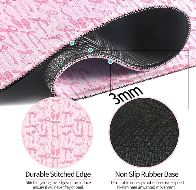 Pretty Bow Girly Gaming Desk Mat, Computer Keyboard Large Extended Long Mouse Pad for Office and Home, XL (W24)