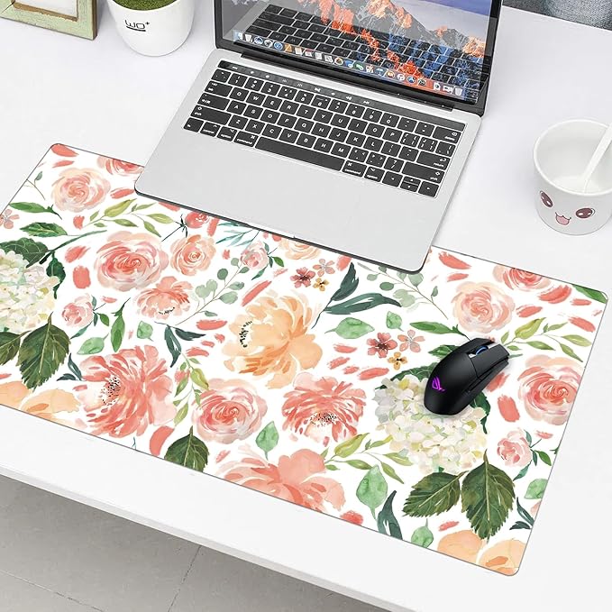 Peony Flower Desk Pad Protector, Stitched Edges Mouse Pad, Large Office Desk Mat, Non-Slip Desk Blotter, Laptop Desk Pad, Floral Desk Writing Pad for Office and Home (31.5" x 15.7")