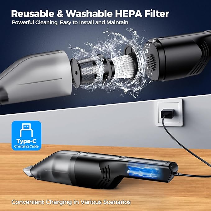 Antaha Handheld Vacuum Cordless -Car Vacuum Portable Cordless Cleaner with 11000Pa Powerful Suction,1.2lbs Lightweight, Type-C Charge, Multiple Accessories, Portable Hand Vacuum for Home, Pet and Car