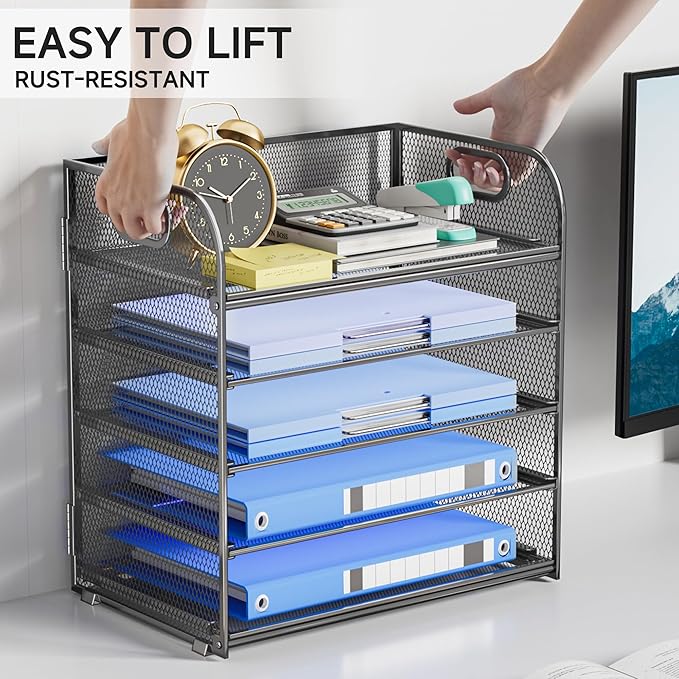 5 Tier Paper Organizer for Desk File Organizer with Handle Mesh Letter Tray Paper Sorter Desk Organizer for Office Home Supplies-Grey