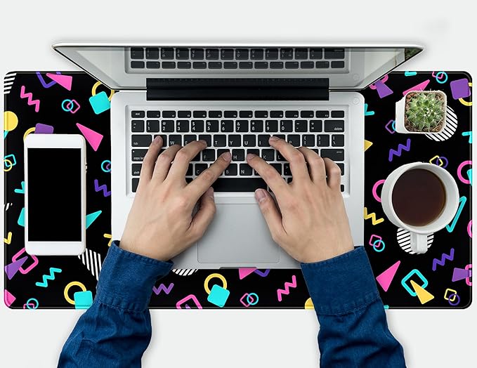 Retro 80s Desk Mat, Cute 90s XXL Large Gaming Mouse Pad, Black Boho Desk Pad with Stitched Edges, Computer Laptop Keyboard and Mouse Mat, Aesthetic Office Decor Non-Slip Mosuepad, 31.5x15.75 in