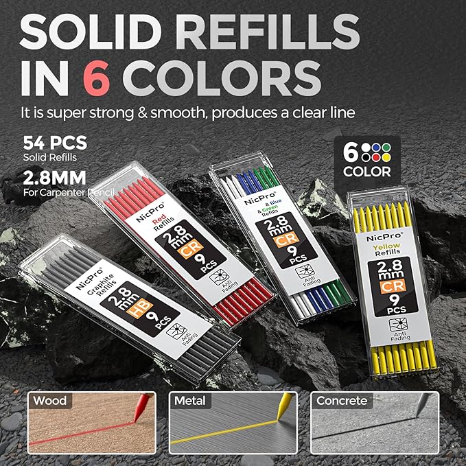 Nicpro 3 Pack CP3000 Carpenter Pencils with Sharpener, Carpenter Mechanical Pencil Set with 57 Refills, Heavy Duty Woodworking Tools Construction Pencil for Architect Marking (Red, Black, Yellow)