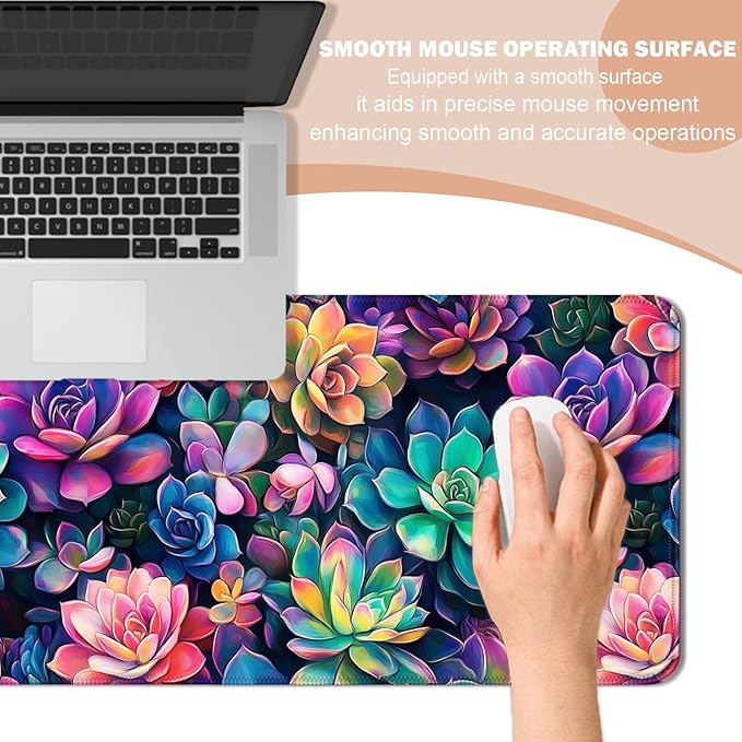 Colourful Succulent Plants Gaming Desk Mat, Extended Large Nature Aesthetic Mouse Pad, Computer Keyboard Laptop Mousepad for Work, Office and Home, XL