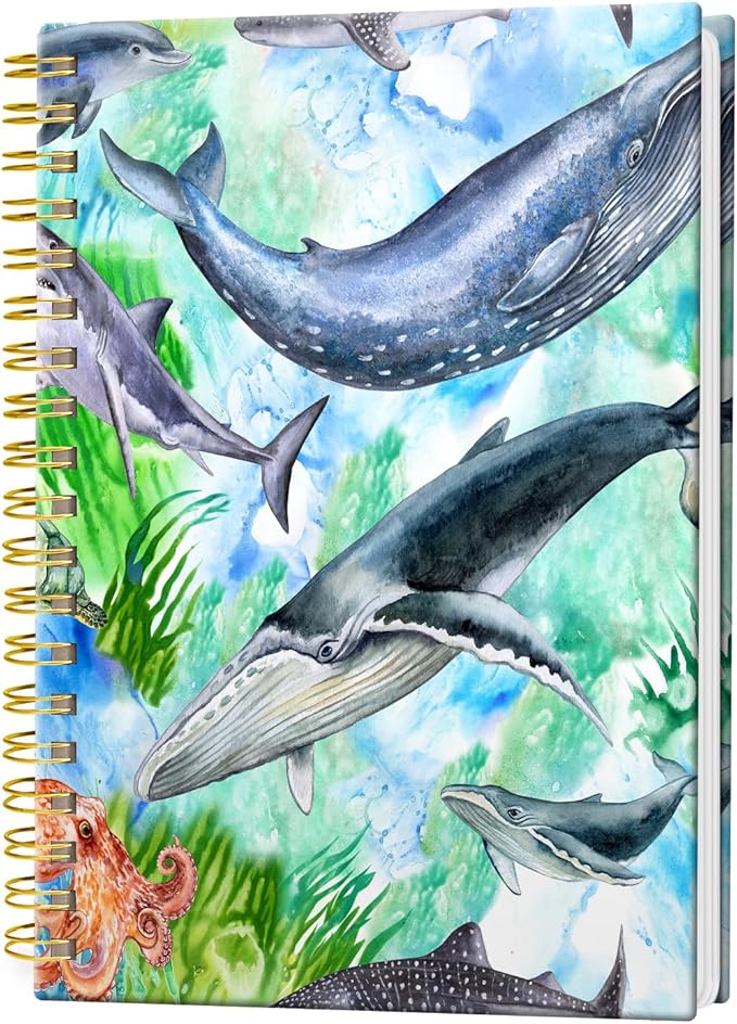 Spiral Journal Notebook, Hardcover Lined Journal for Women, Medium 6 x 8.4 in, 120 Pages Thick Paper, College Ruled Notebook for Writing, Work, Office, and School,Colorful Whale Ocean Animal