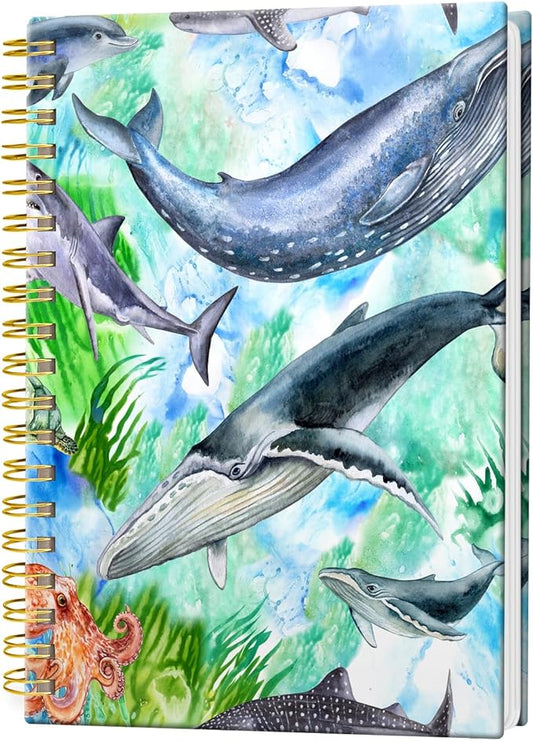 Spiral Journal Notebook, Hardcover Lined Journal for Women, Medium 6 x 8.4 in, 120 Pages Thick Paper, College Ruled Notebook for Writing, Work, Office, and School,Colorful Whale Ocean Animal