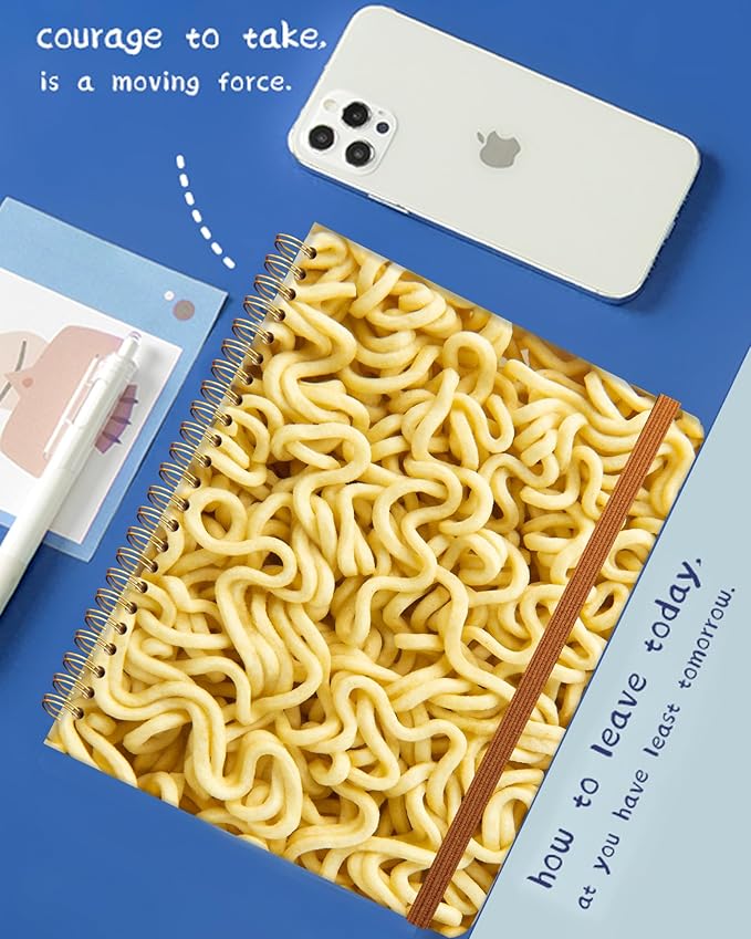 Ruled Spiral Writing Notebook,A5 Hardcover Lined College Journal for Women,Strong Twin-Wire Binding with Premium Paper,8.4" X 6",Perfect for School,Office,Home(Realistic Noodles)