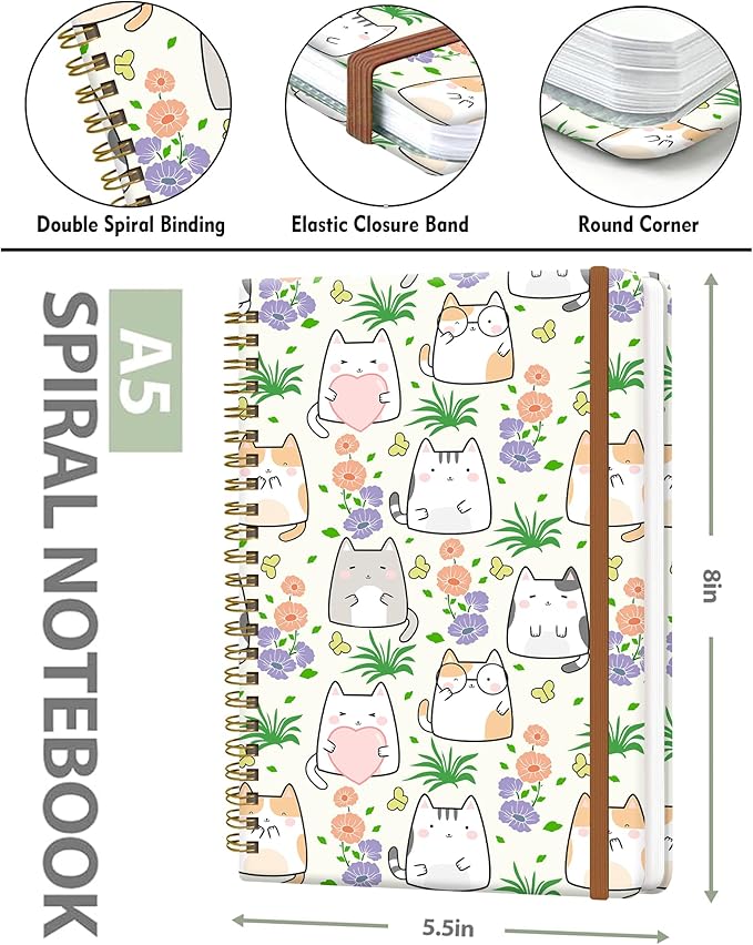 Spiral Journal Notebook for Women, Hardcover A5 College Ruled Notebook, 120 Pages, Thick Paper, Cute Lined Journal for School, Office & Work, 6 x 8.4 in(Cute Cats)